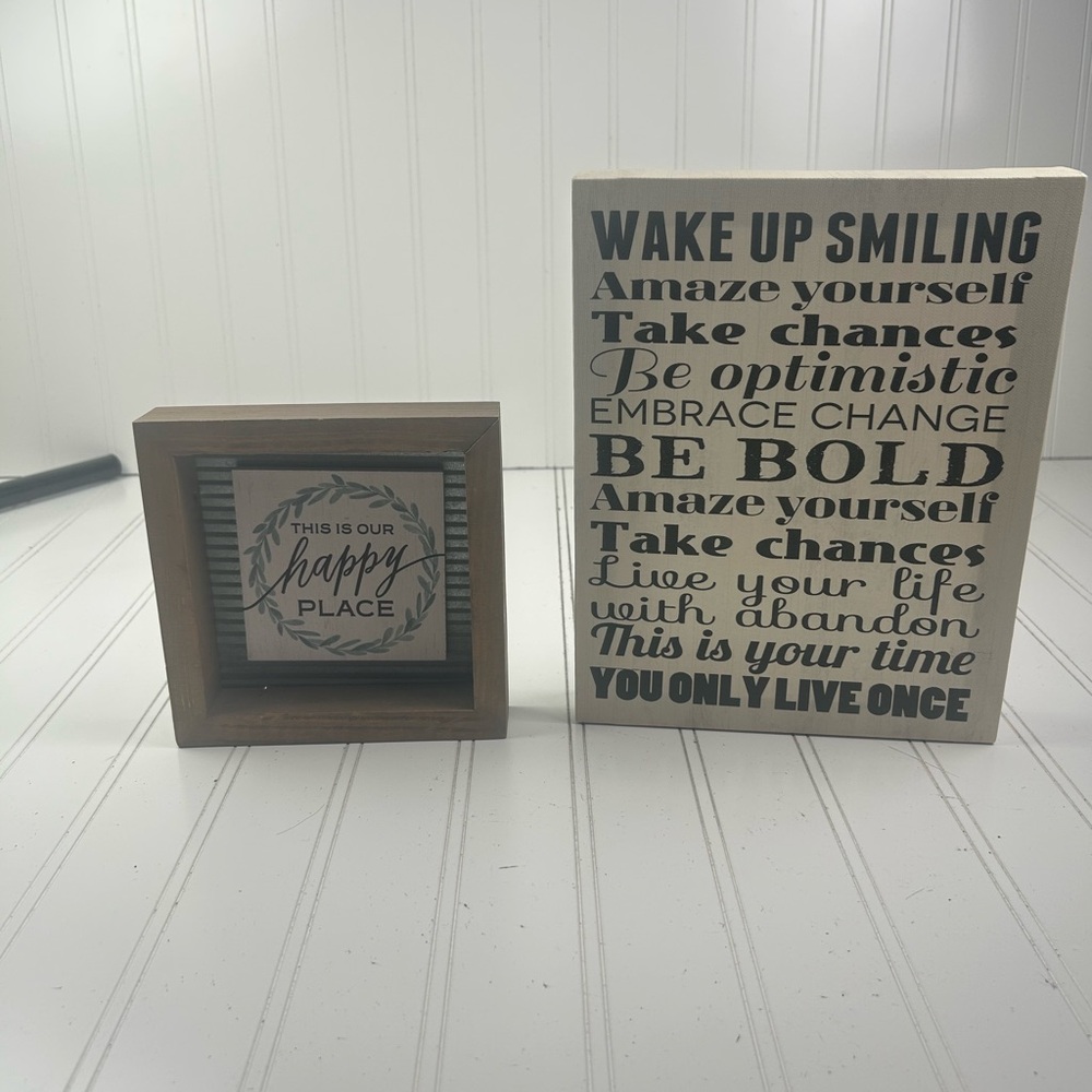 Wooden Sign Duo โ โThis Is Our Happy Placeโ & Inspirational Quote Block Decor - Picture 2 of 7
